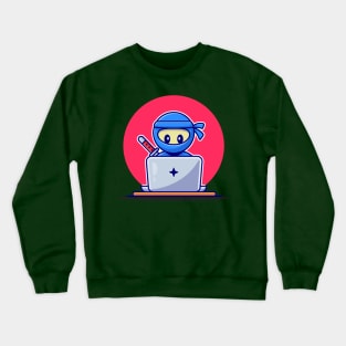 Cute Ninja Working On Laptop Cartoon Crewneck Sweatshirt